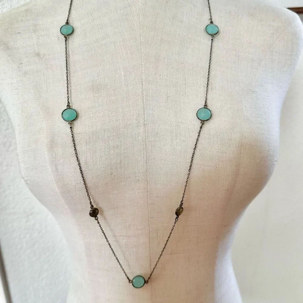 Labradorite and green glass long chain necklace